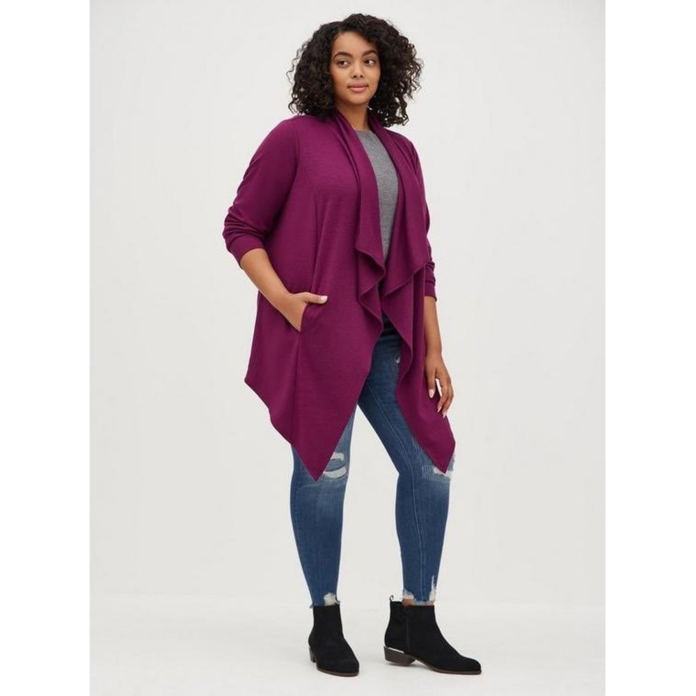 Torrid Cardigan Womens 2 Waterfall Open Front Purple Pockets EUC